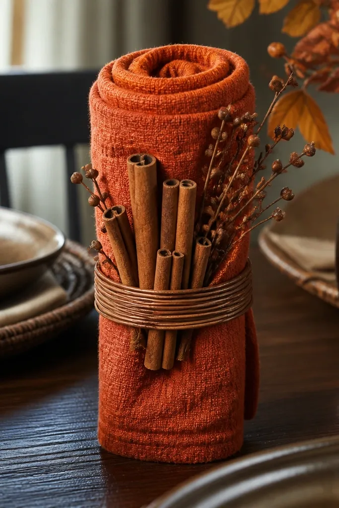 Burnt orange towel rolled into napkin-like centerpiece with cinnamon sticks