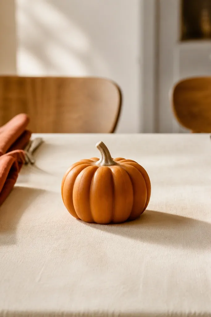 Cream tablecloth with rust napkins and a single pumpkin-shaped candle centerpiece