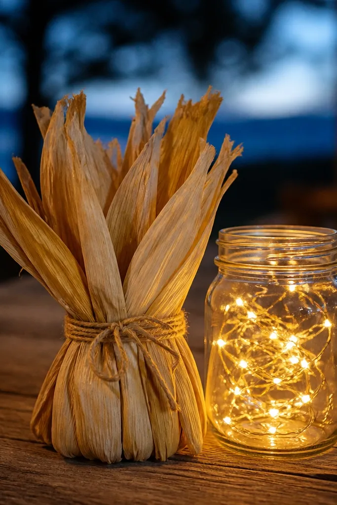 Corn husk bundle next to a clear jar holding warm string lights