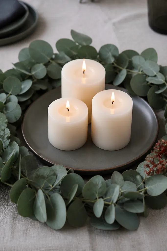 Greenery ring around a low candle plate on a dining table