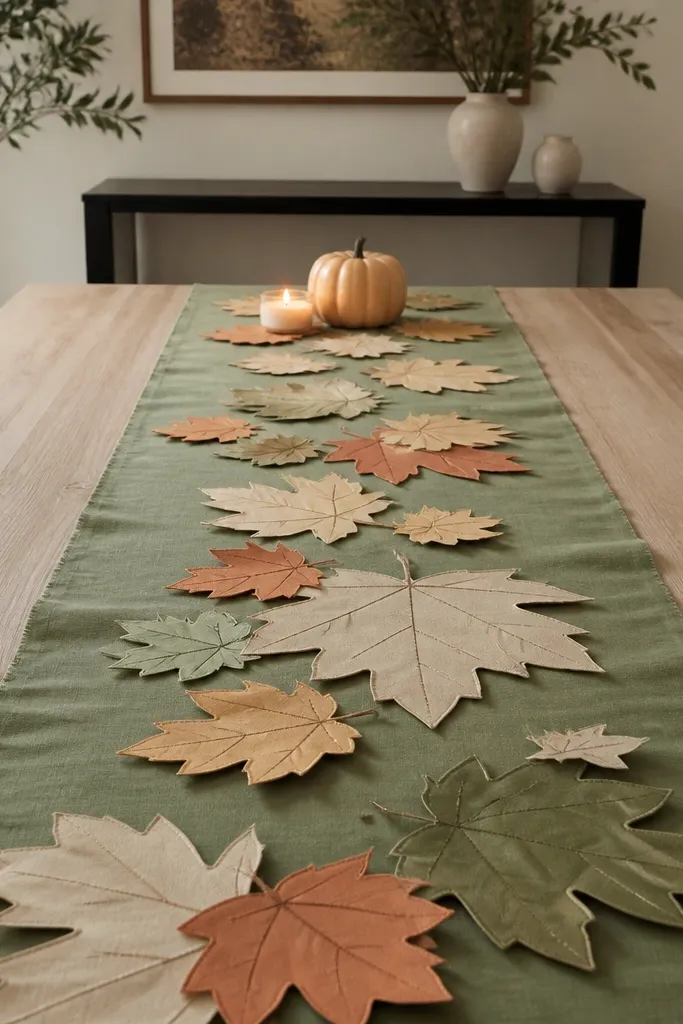 Sage runner with layered paper leaf cutouts and a small candle