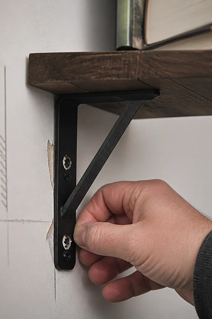 Wall with drywall anchors installed behind a floating shelf bracket.
