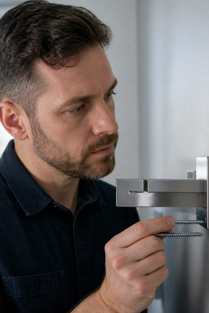 Close view of screw length relative to a bracket and wall anchor.