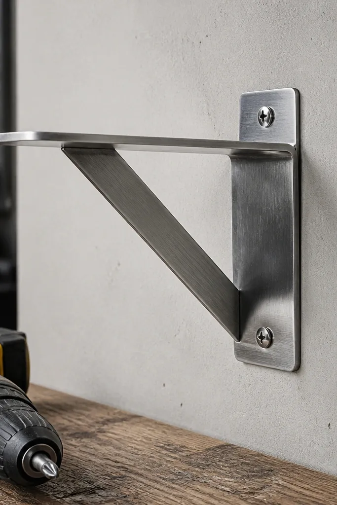 Power drill near a floating shelf bracket with screws ready to tighten.