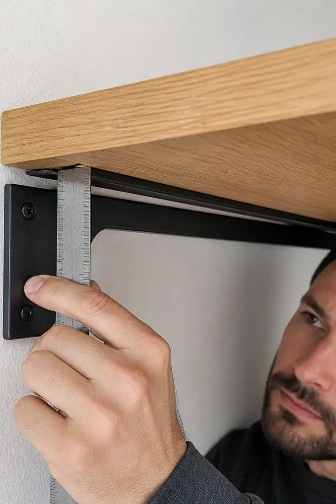 Wood shelf board seated on a bracket that is slightly too thick.