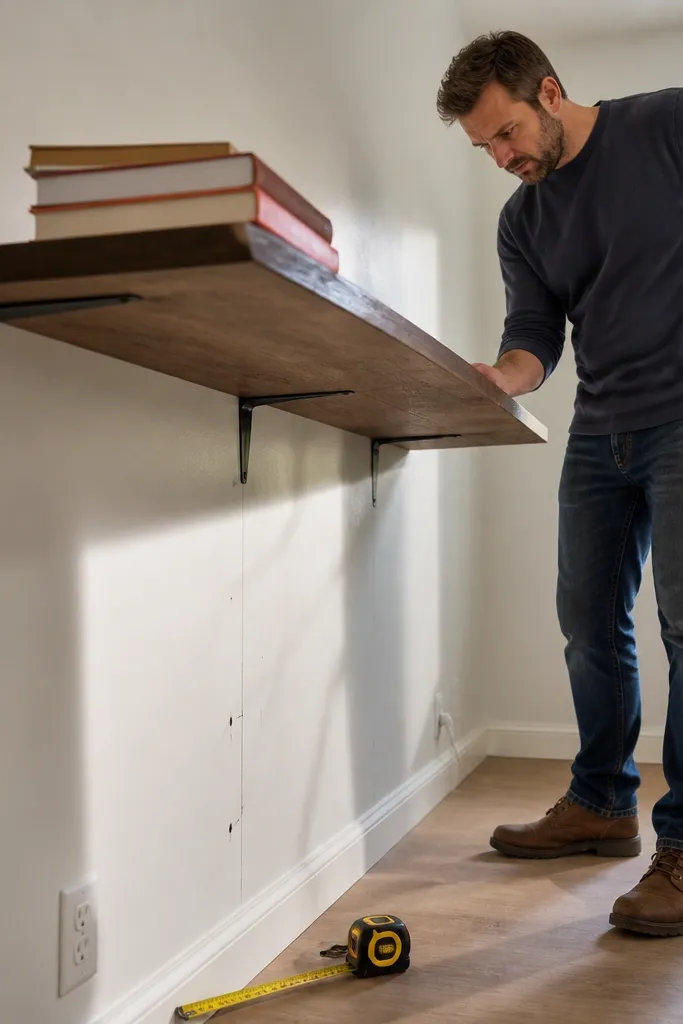 Shelf board sticking out past brackets with a heavy-looking overhang.