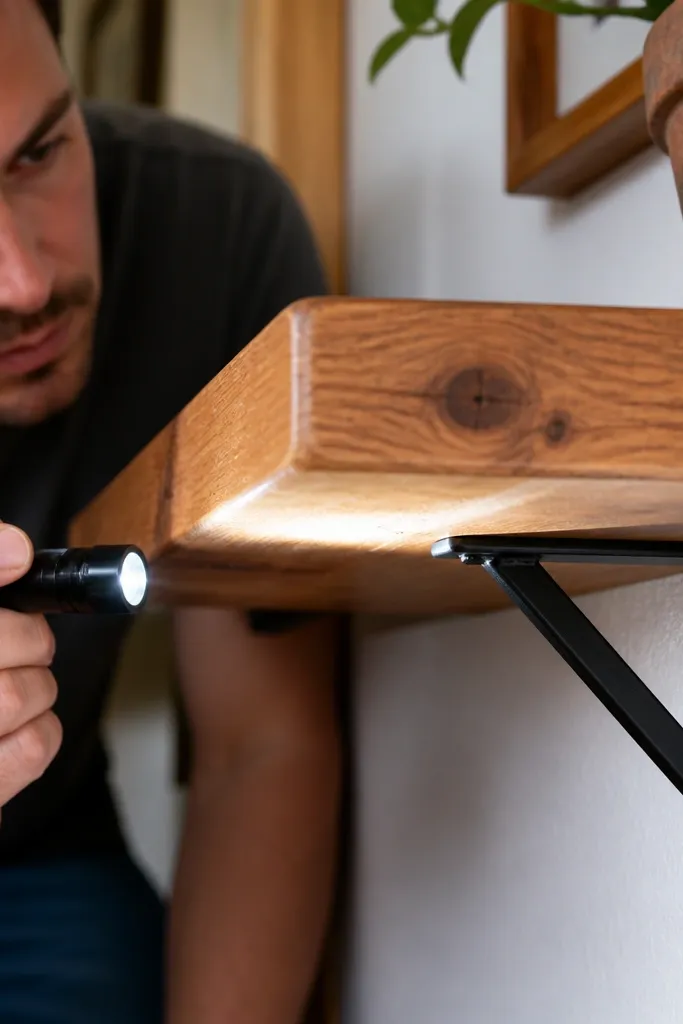 Wood shelf board near a knot with a screw placed close to the edge.