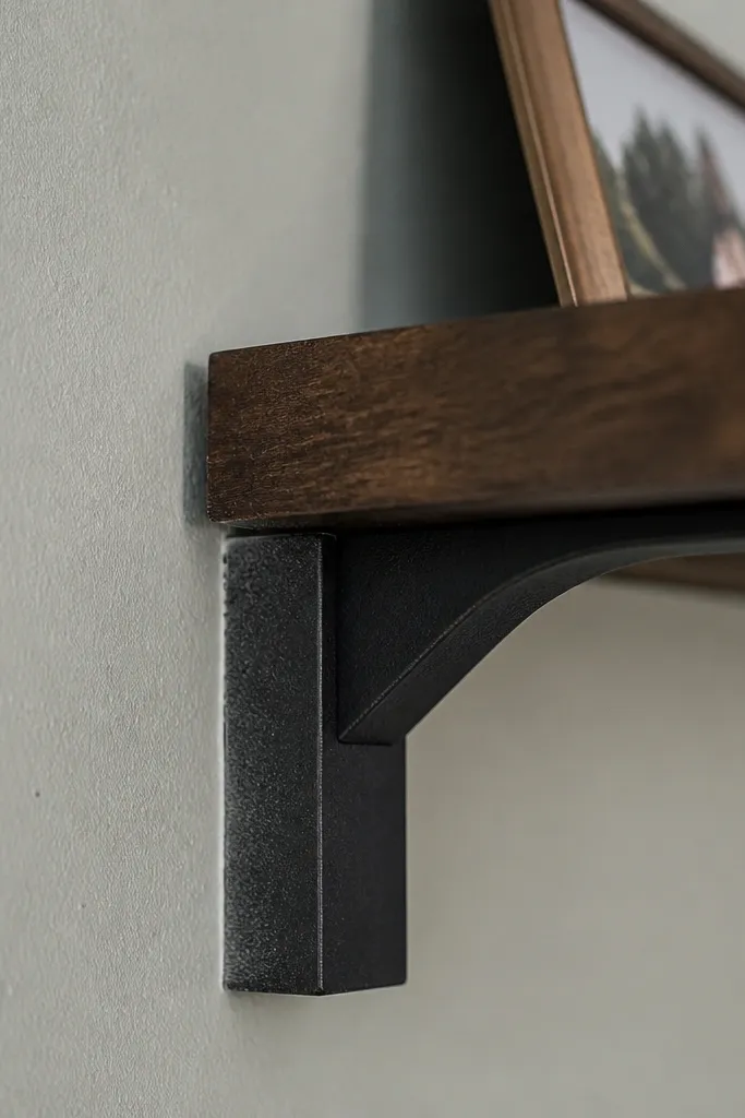 Bracket mounted over a slightly dusty painted wall with debris around screws.