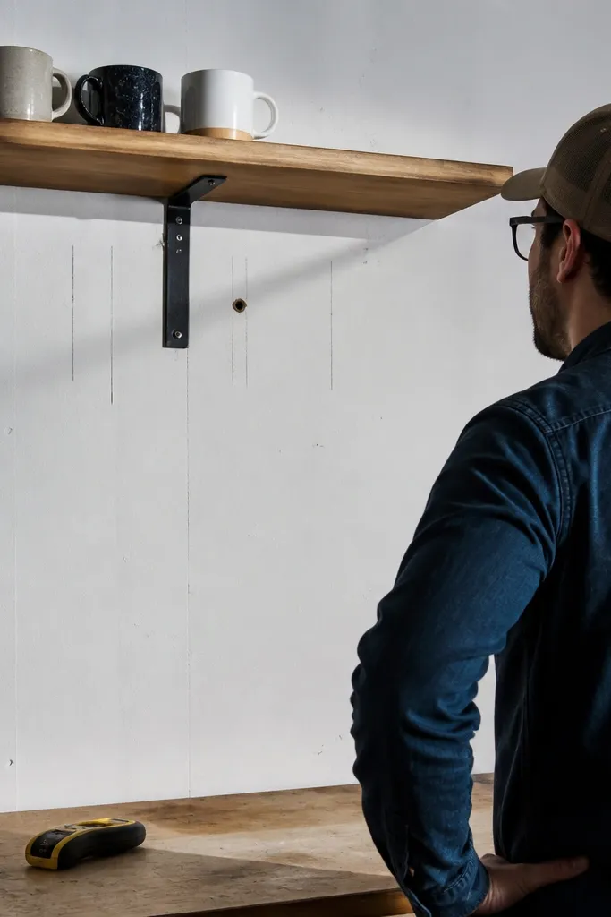 Stud finder display over a wall with a bracket mounted between stud marks.
