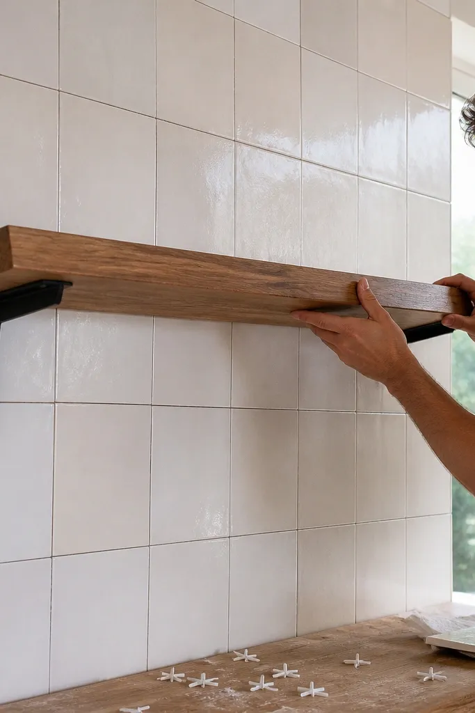 Floating shelf bracket mounted on uneven tile gap.