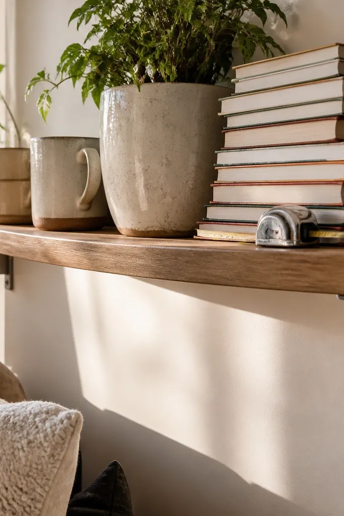 Books and decor on a floating shelf with a sag line near the center.