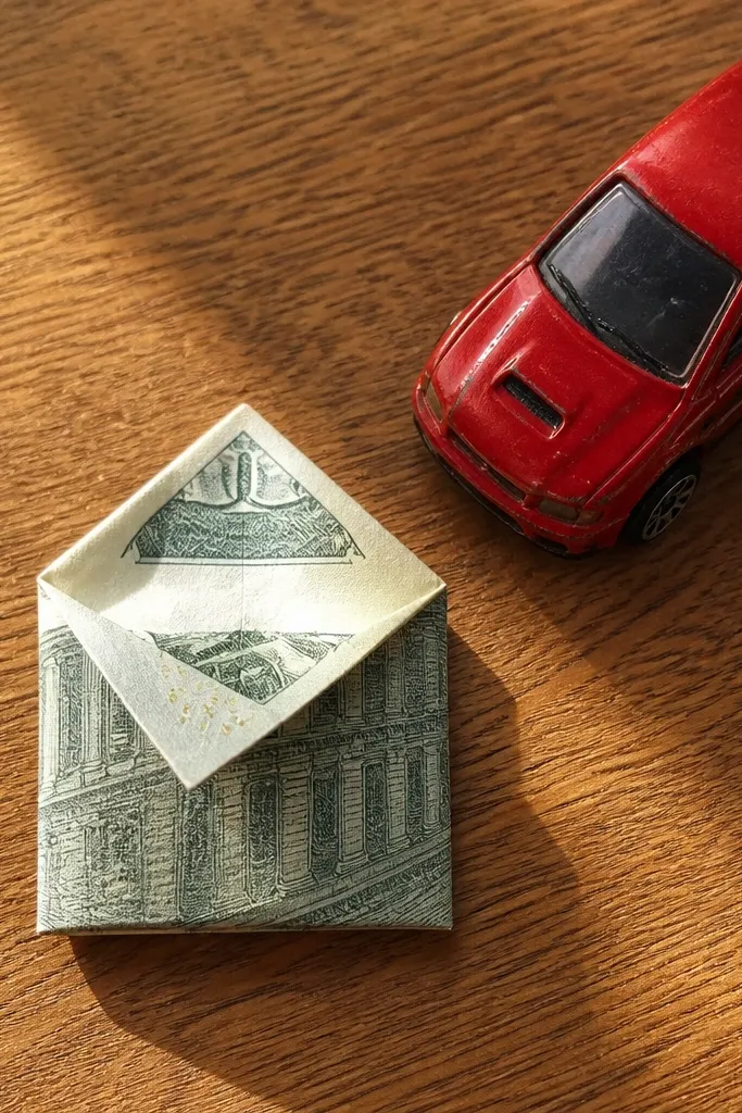 A $15 bill folded into a small envelope with a pointed flap
