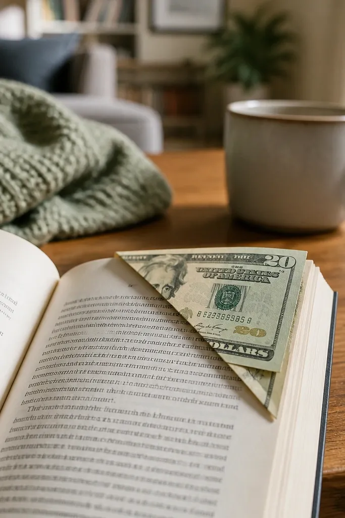 A $15 bill folded into a corner bookmark with a triangular pocket