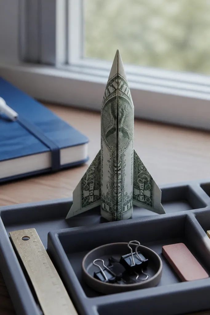 A $15 bill folded into a simple rocket shape with a front nose and side fins
