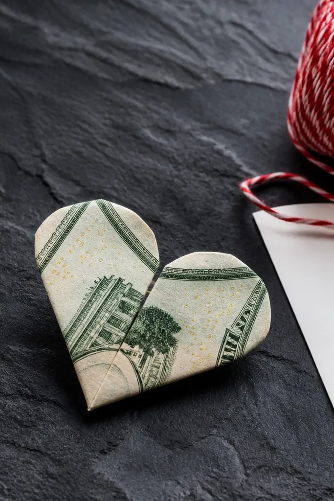 A $15 bill folded into a heart shape with two rounded lobes and a small point