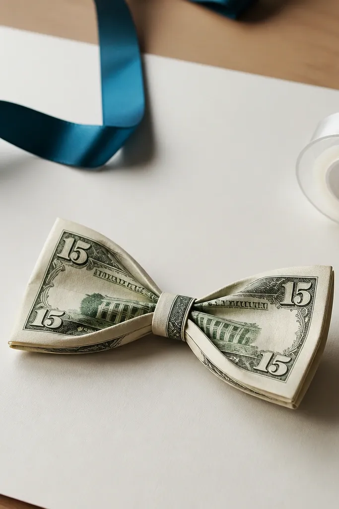 A $15 bill folded into a bow tie with two symmetrical loops and a center knot