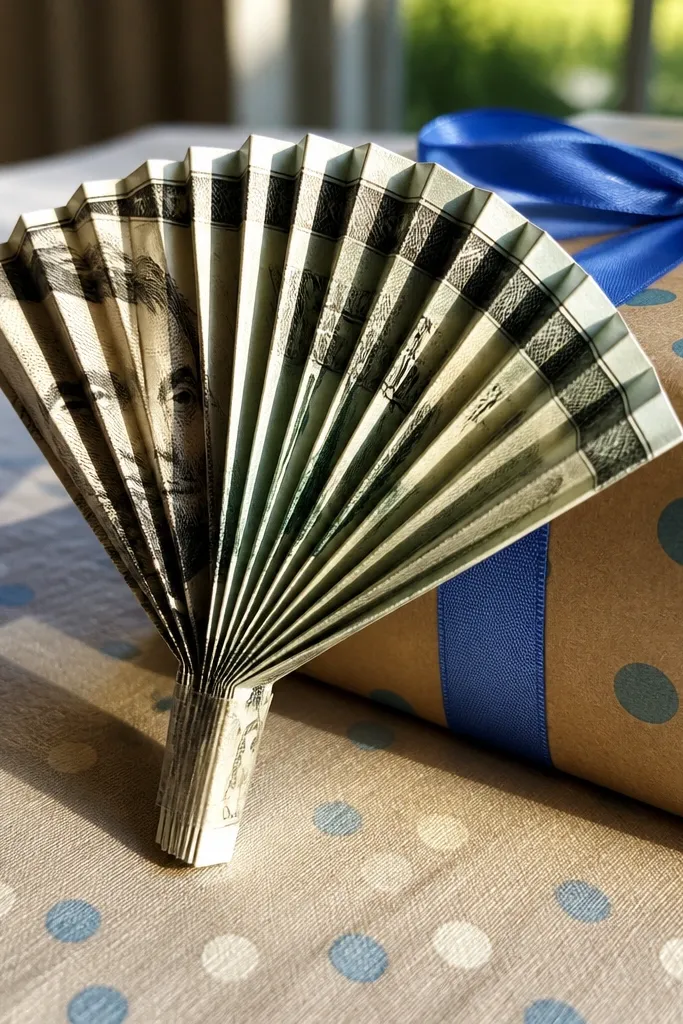 A $15 bill folded into a small accordion fan with a pointed end