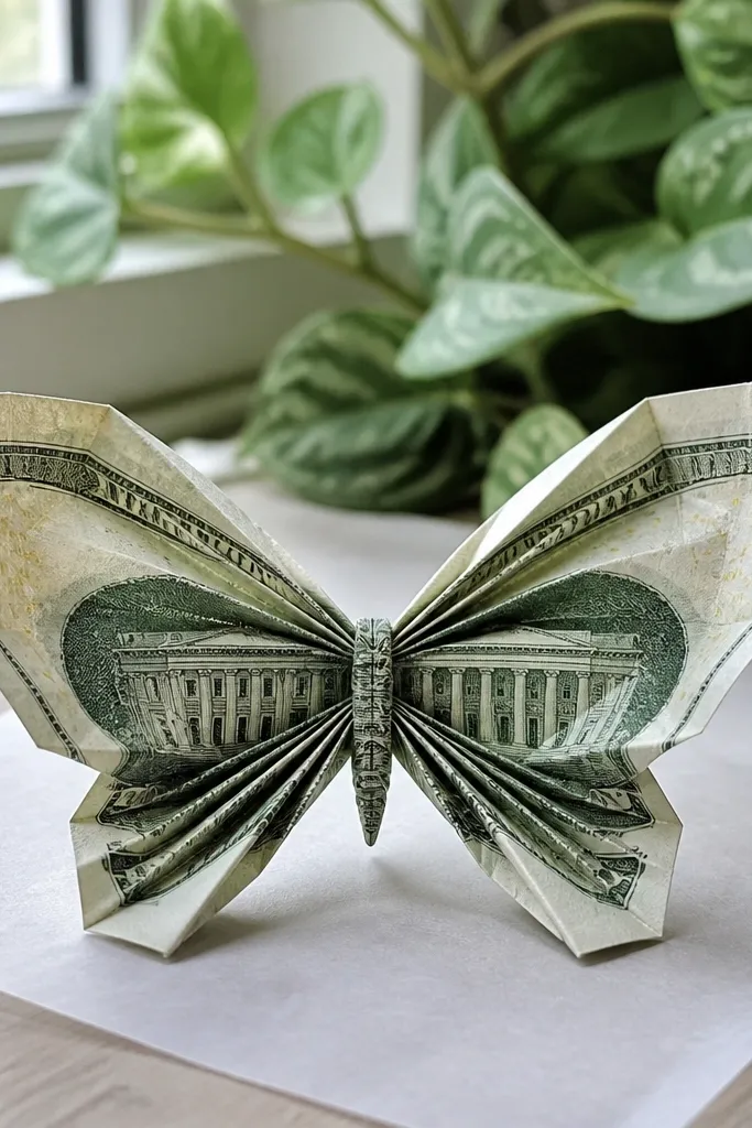 A $15 bill folded into a butterfly with two raised wings and a pinched body