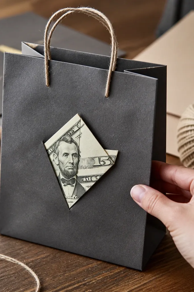 A $15 bill folded into a pocket-square shape with sharp corners
