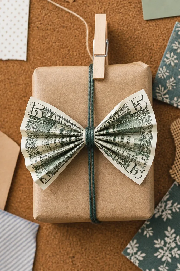 A $15 bill folded into a bow-shaped tag with accordion folds