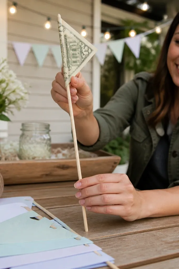A $15 bill folded into a small triangle flag with a clean pole fold