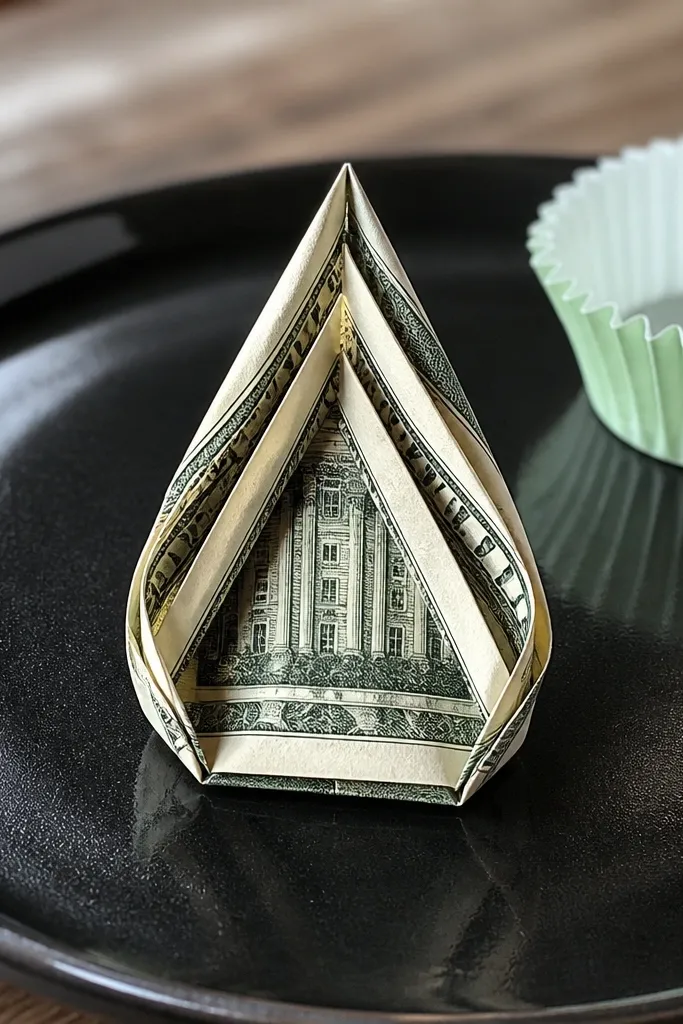 A $15 bill folded into a teardrop shape with a pointed top and flat base