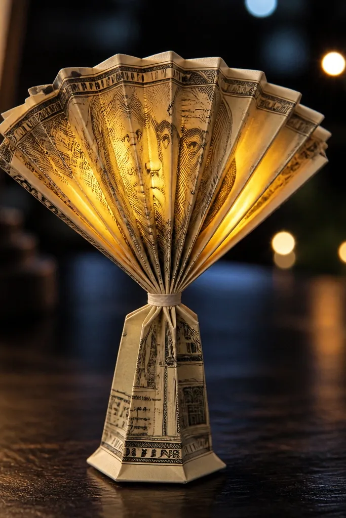 A $15 bill folded into a standing lantern with layered sides and a top fold