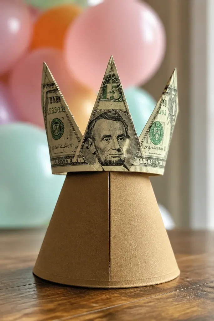 A $15 bill folded into a small crown with three pointed peaks