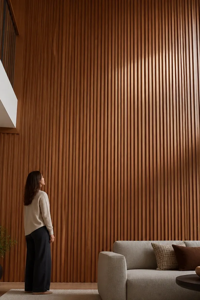 Warm light wood vertical slats framed by white trim on a tall living room wall