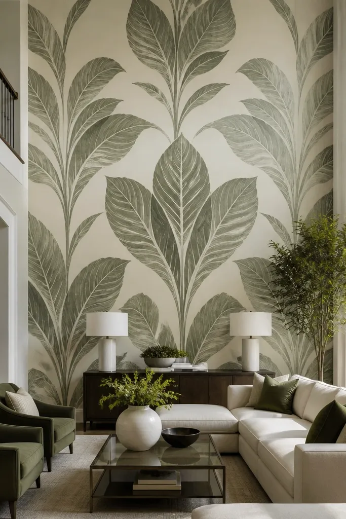 Gray and cream large-leaf wallpaper centered on a tall wall with clean vertical seams