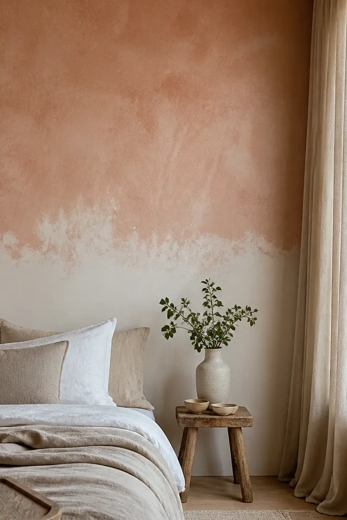 Soft white limewash top with warm clay bottom and a hazy boundary on a tall wall