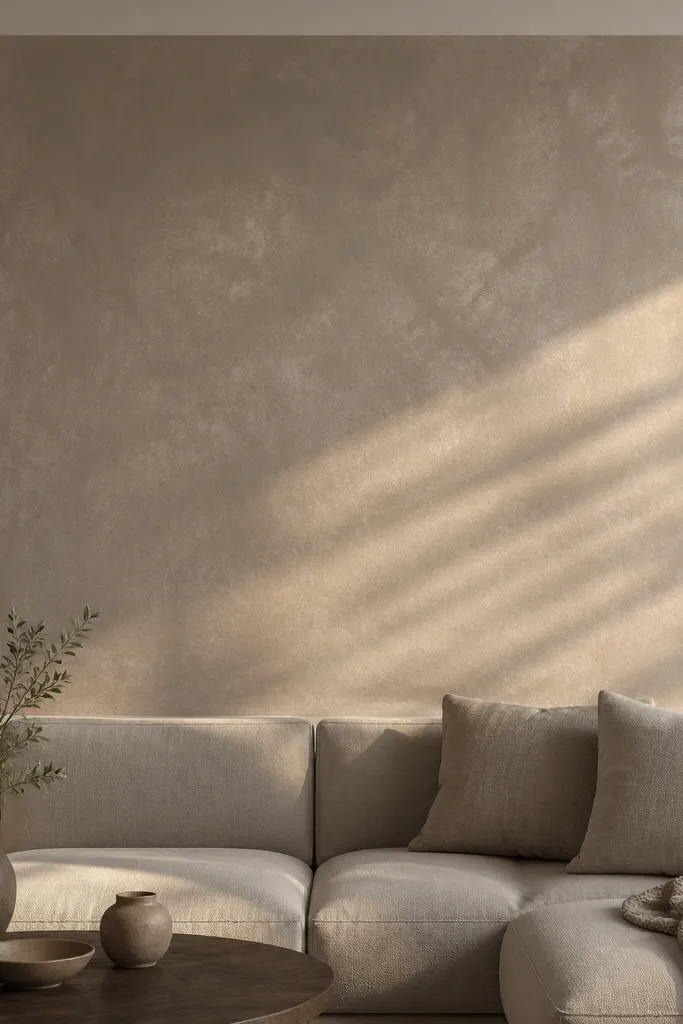 Warm greige plaster accent block with subtle swirl texture on a tall wall