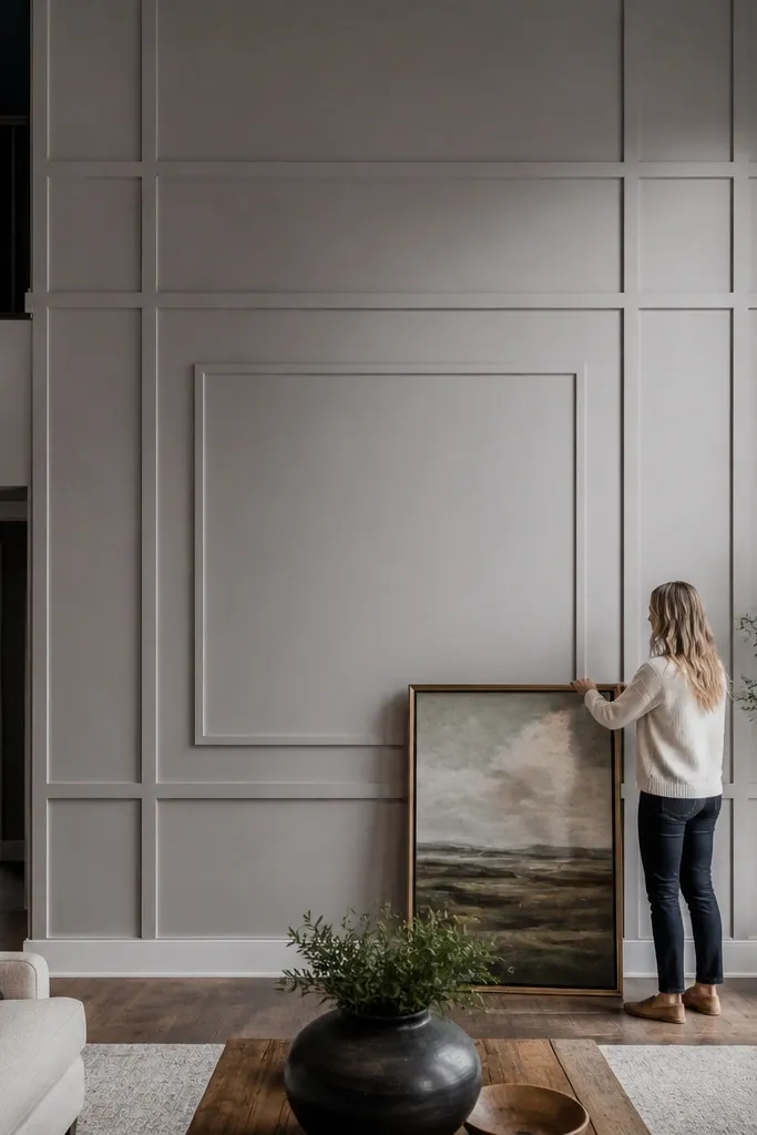 White wall with a large centered rectangular frame grid in off-white trim