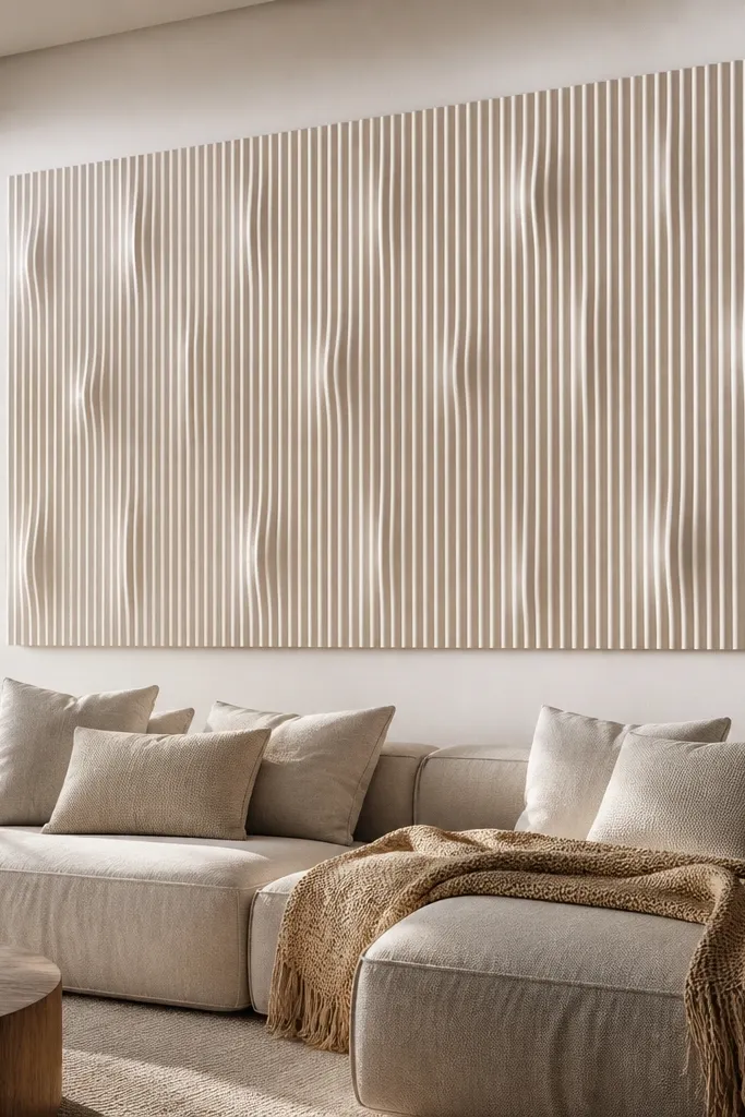 White ribbed 3D foam panels in a tall rectangle on a neutral wall