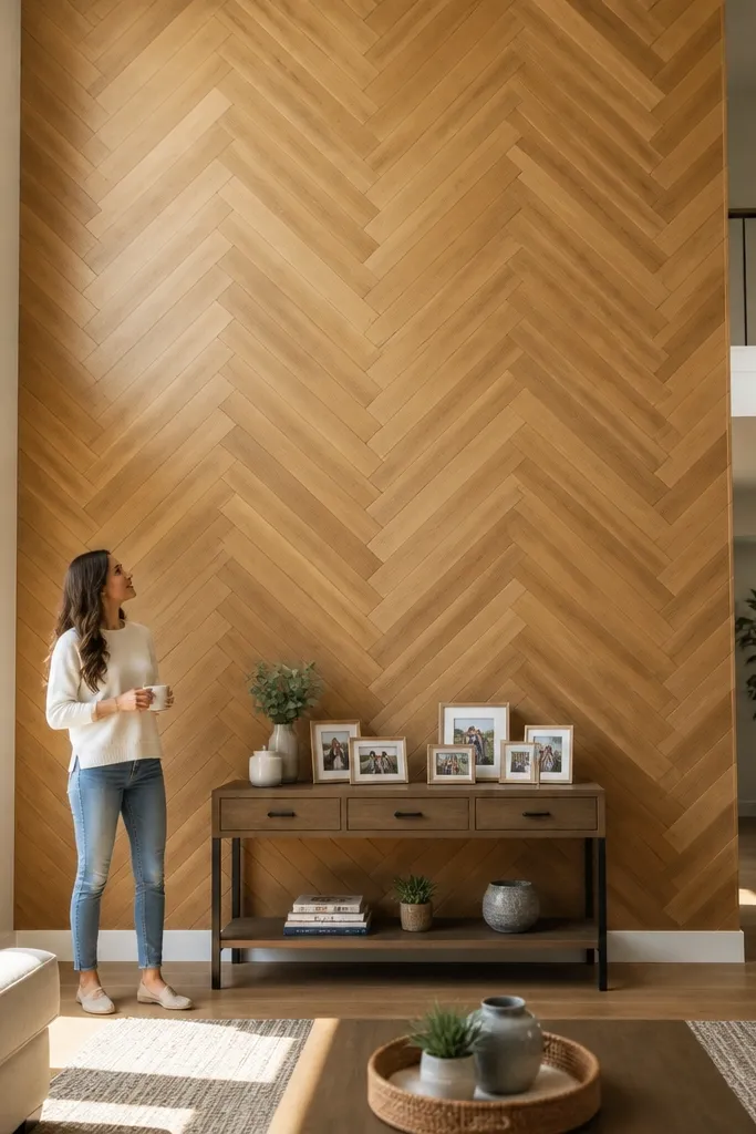 Wood-look peel-and-stick herringbone pattern centered on a tall white wall