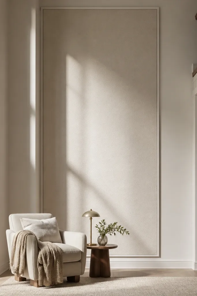 Cream fabric drape panel framed by slim batten strips on a tall wall