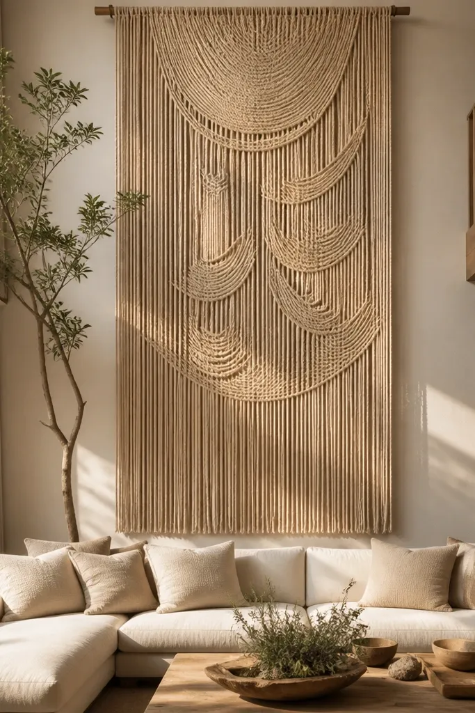 Beige woven wall panel hung in a tall rectangle on a light wall