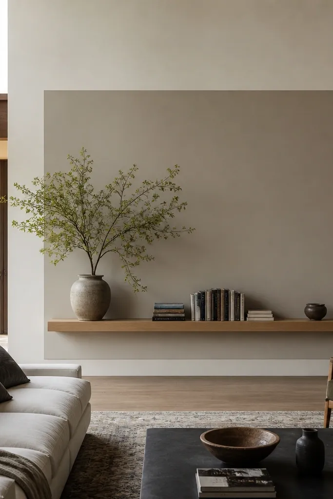 Soft warm gray wall with a floating shelf and a framed paint rectangle behind it