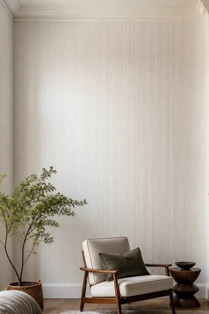 Cream wallpaper with thin vertical stripes in a tall rectangle on a double-height wall