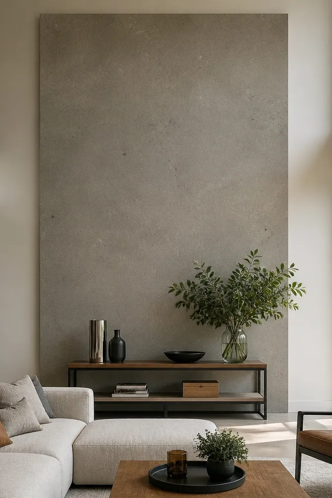Concrete-gray accent rectangle with subtle speckle texture on a tall wall