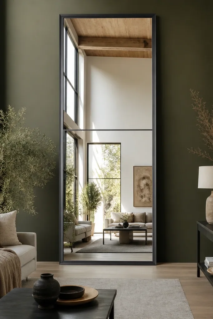 Tall mirror centered on a double-height wall with a thin dark border