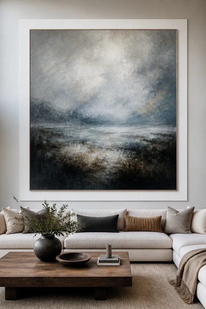 Large framed canvas centered with a painted mat border on a tall wall