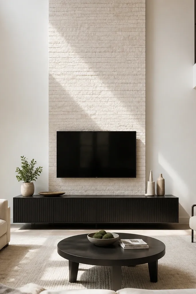 Light faux brick vertical band centered on a tall wall with clean edges