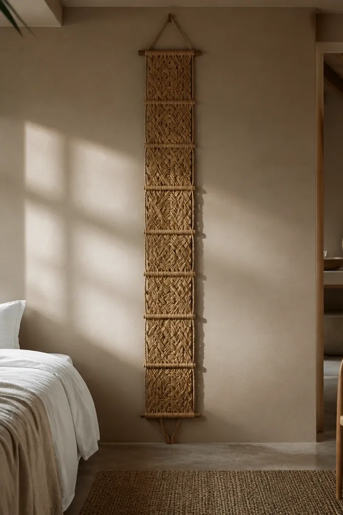 Natural woven panels mounted to a vertical rope line on a tall wall