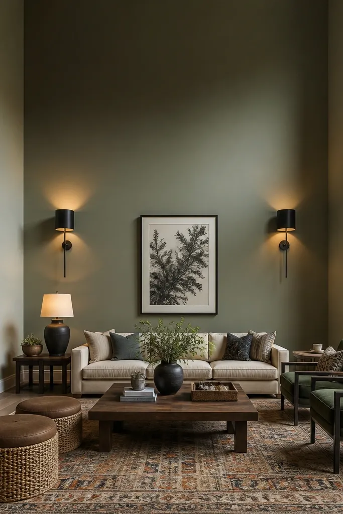 Muted accent color wall with two tall dark sconces flanking a centered artwork space