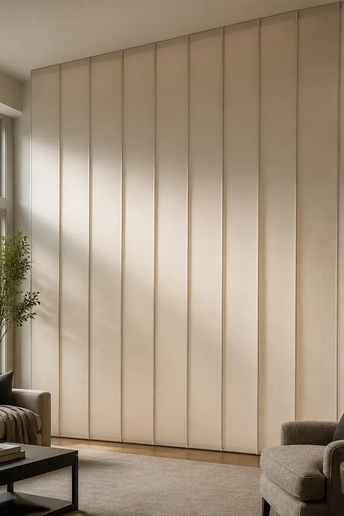 Vertical fabric strips in a tall frame with hidden fasteners