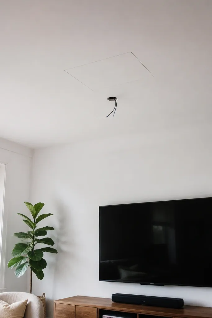 Ceiling with a hidden small square access panel flush with the surface