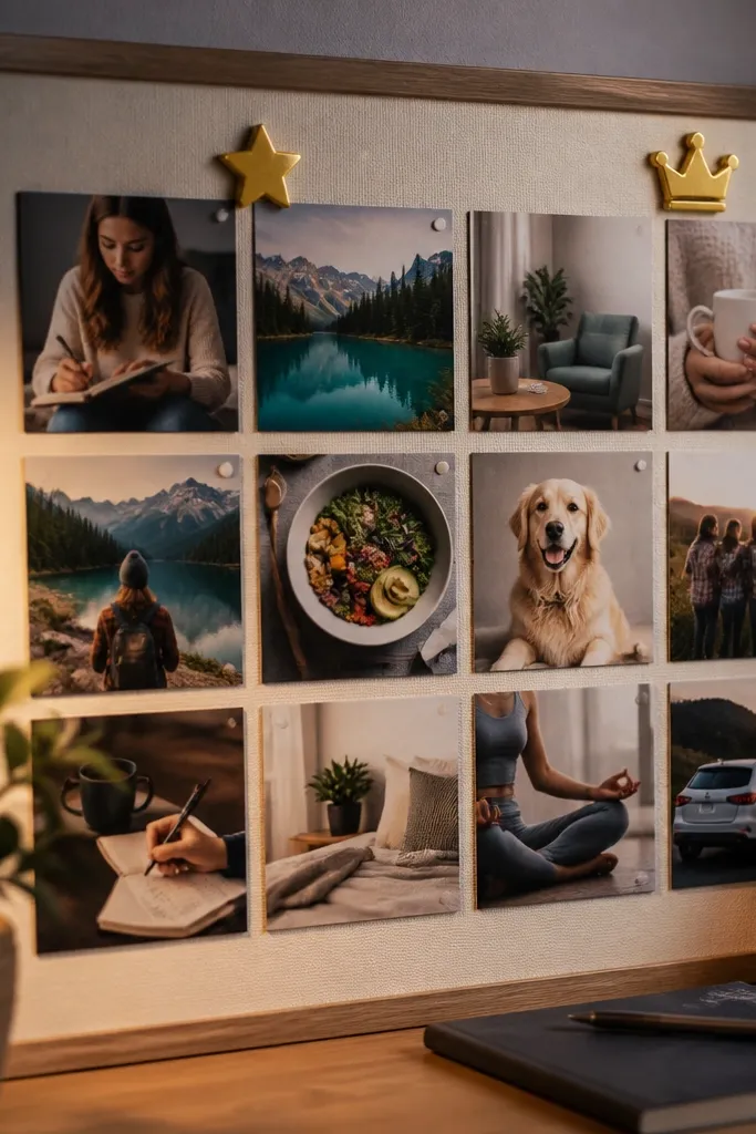 Cream background with a neat grid of photos and small raised stickers