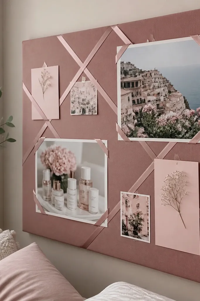 Dusty rose background with photos held by small ribbon corners