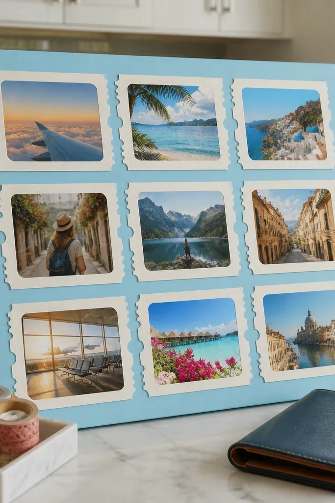 Sky blue board with ticket stub shaped borders around travel images